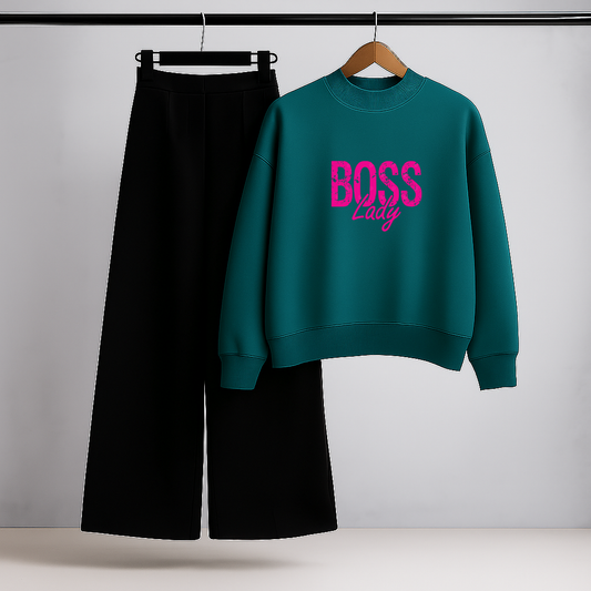 Boss Lady Teal Sweatshirt & Black Trouser Set