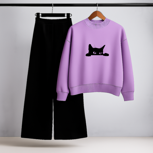 Cat Silhouette Lilac Sweatshirt & Black Trouser Set