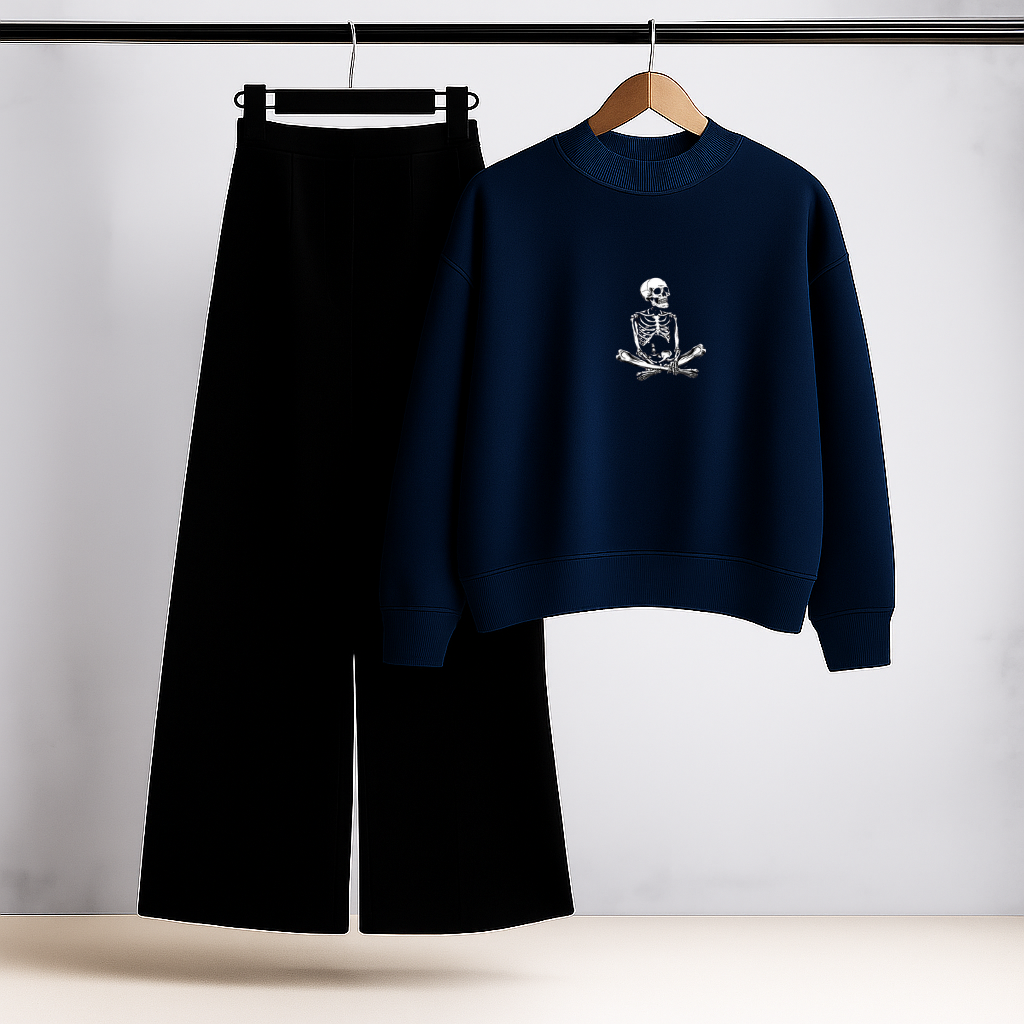 Skull Print Navy Sweatshirt & Trouser Set