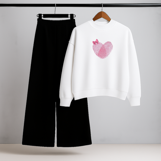 Heart Patch White Sweatshirt & Trouser Set