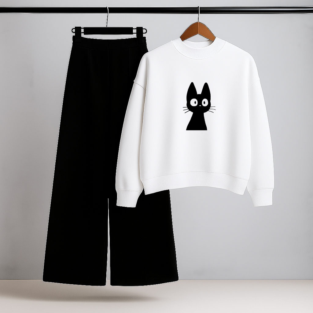 Mystery Cat White Sweatshirt & Trouser Set