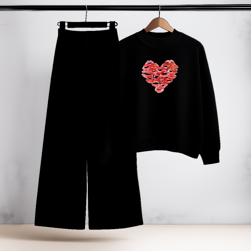 Heartbeat Love Black Sweatshirt & Trouser Set