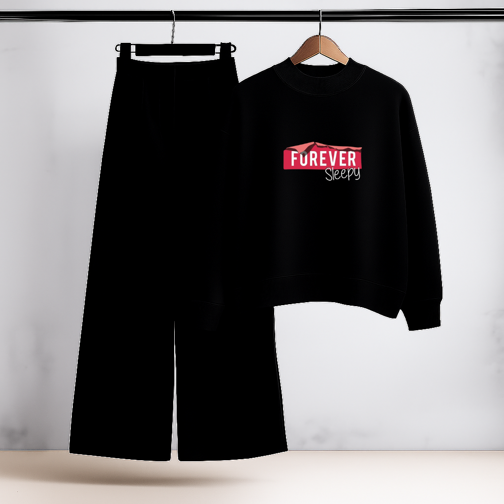 Forever Sleepy Mood Black Sweatshirt & Trouser Combo