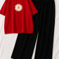 Daisy Love Casual Set – Red Floral Tee + Black Flappers