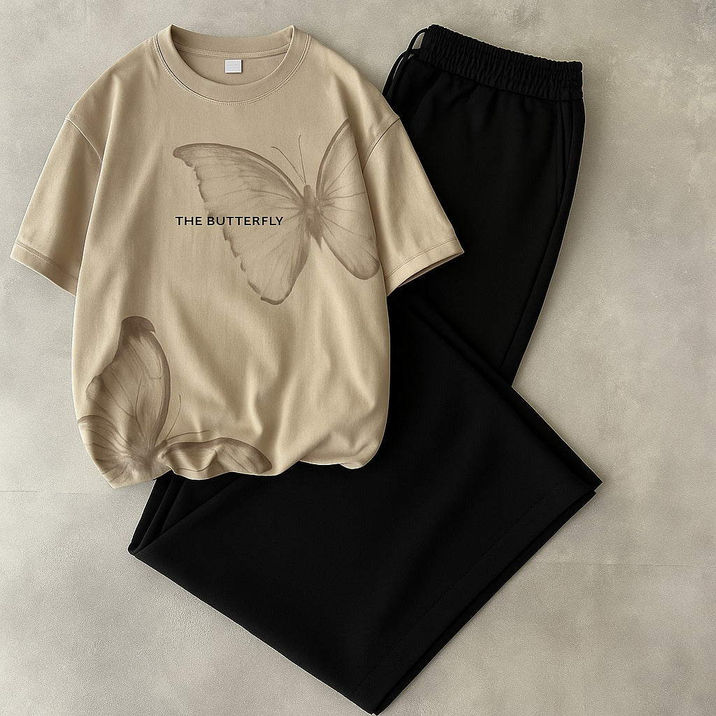 Inspire & Fly Beige Graphic Tee with Black Lounge Trousers (Beige) Combo