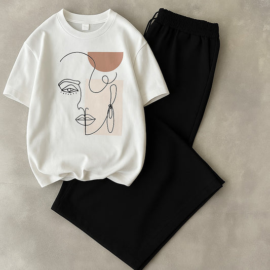 Minimalist Face Sketch Tee with Classic Black Bottoms