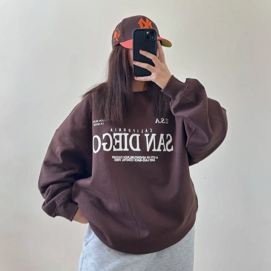 Chocolate Brown “San Diego” Oversized Sweatshirt – Trendy Winter Style