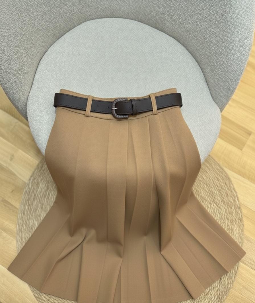 Camel Beige High-Waist Pleated Maxi Skirt