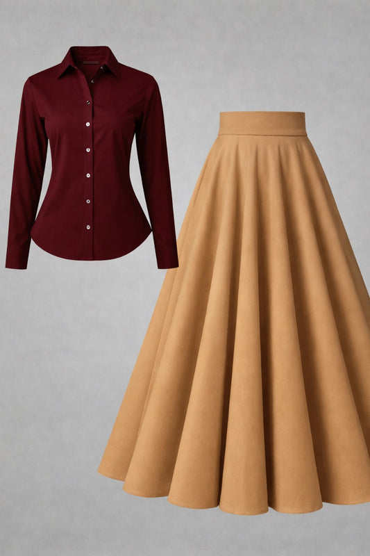 Button-Down Shirt & Pleated Maxi Skirt Set – Maroon & Camel