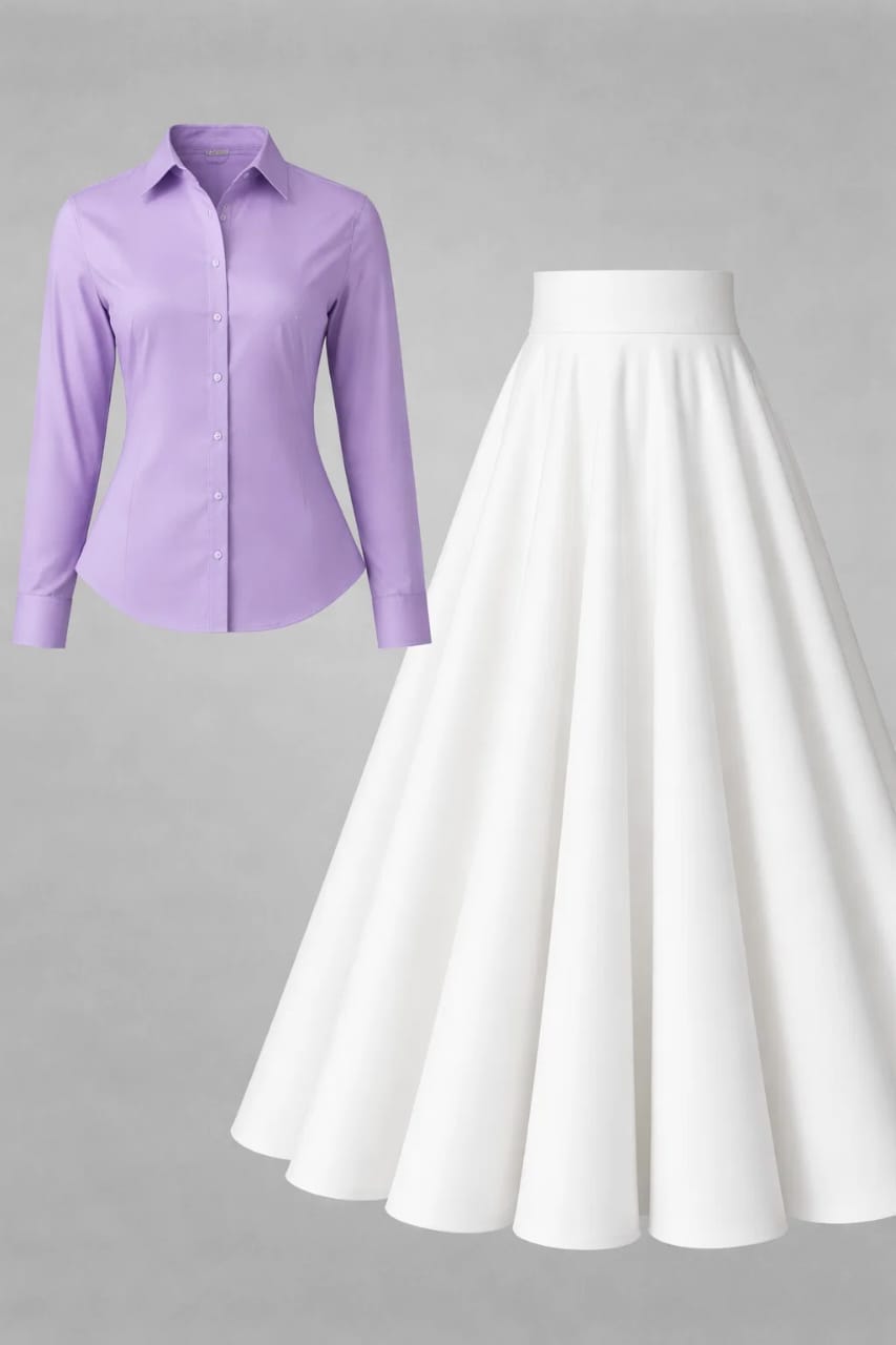 Button-Down Shirt & Pleated Maxi Skirt Set – Lavender & White