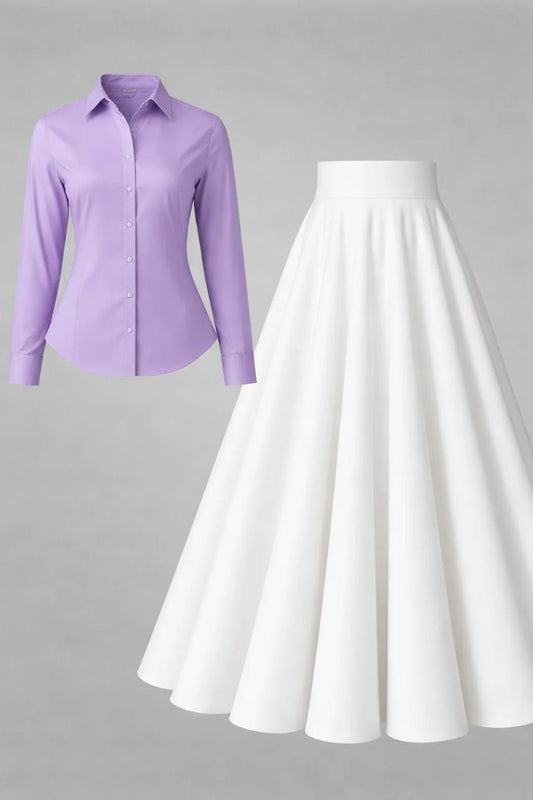 Button-Down Shirt & Pleated Maxi Skirt Set – Lavender & White
