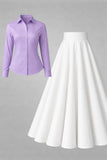 Button-Down Shirt & Pleated Maxi Skirt Set – Lavender & White