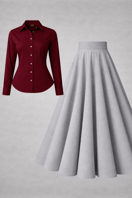 Button-Down Shirt & Pleated Maxi Skirt Set – Maroon & Grey