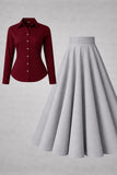 Button-Down Shirt & Pleated Maxi Skirt Set – Maroon & Grey