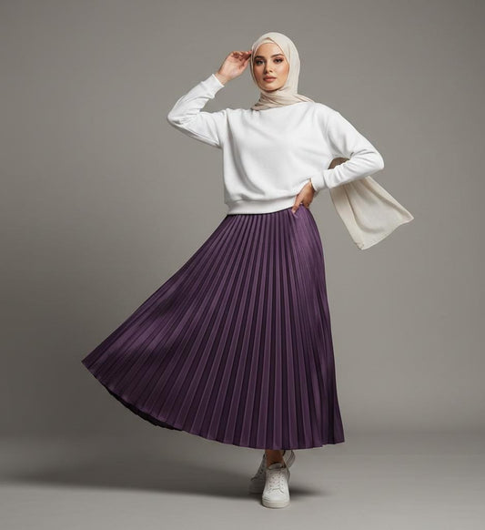White Sweatshirt with Plum Pleated Skirt – Chic Modest Two-Piece Outfit