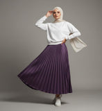 White Sweatshirt with Plum Pleated Skirt – Chic Modest Two-Piece Outfit