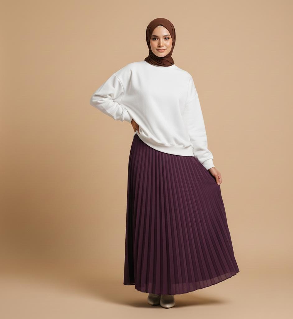 White Sweatshirt with Plum Pleated Skirt – Chic Modest Two-Piece Outfit