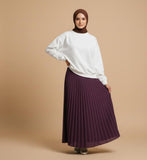 White Sweatshirt with Plum Pleated Skirt – Chic Modest Two-Piece Outfit