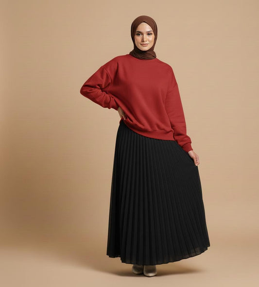 Rust Red Sweatshirt with Black Pleated Maxi Skirt – Winter Modest Co-Ord Set