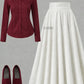 Burgundy Button-Down Shirt with White Pleated Maxi Skirt – Chic Contrast Outfit