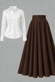 White Button-Down Shirt with Brown Pleated Maxi Skirt – Elegant Two-Piece Set