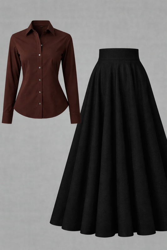 Chocolate Brown Button-Down Shirt & Black Flared Maxi Skirt – Classic Formal Co-Ord