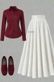 Burgundy Button-Down Shirt with White Pleated Maxi Skirt – Chic Contrast Outfit