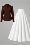 Brown Button-Down Shirt & White Flared Maxi Skirt – Minimal Elegant Set