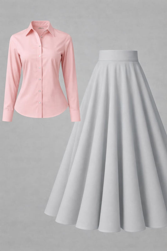 Button-Down Shirt & Flared Maxi Skirt Set – Soft Pink & Grey