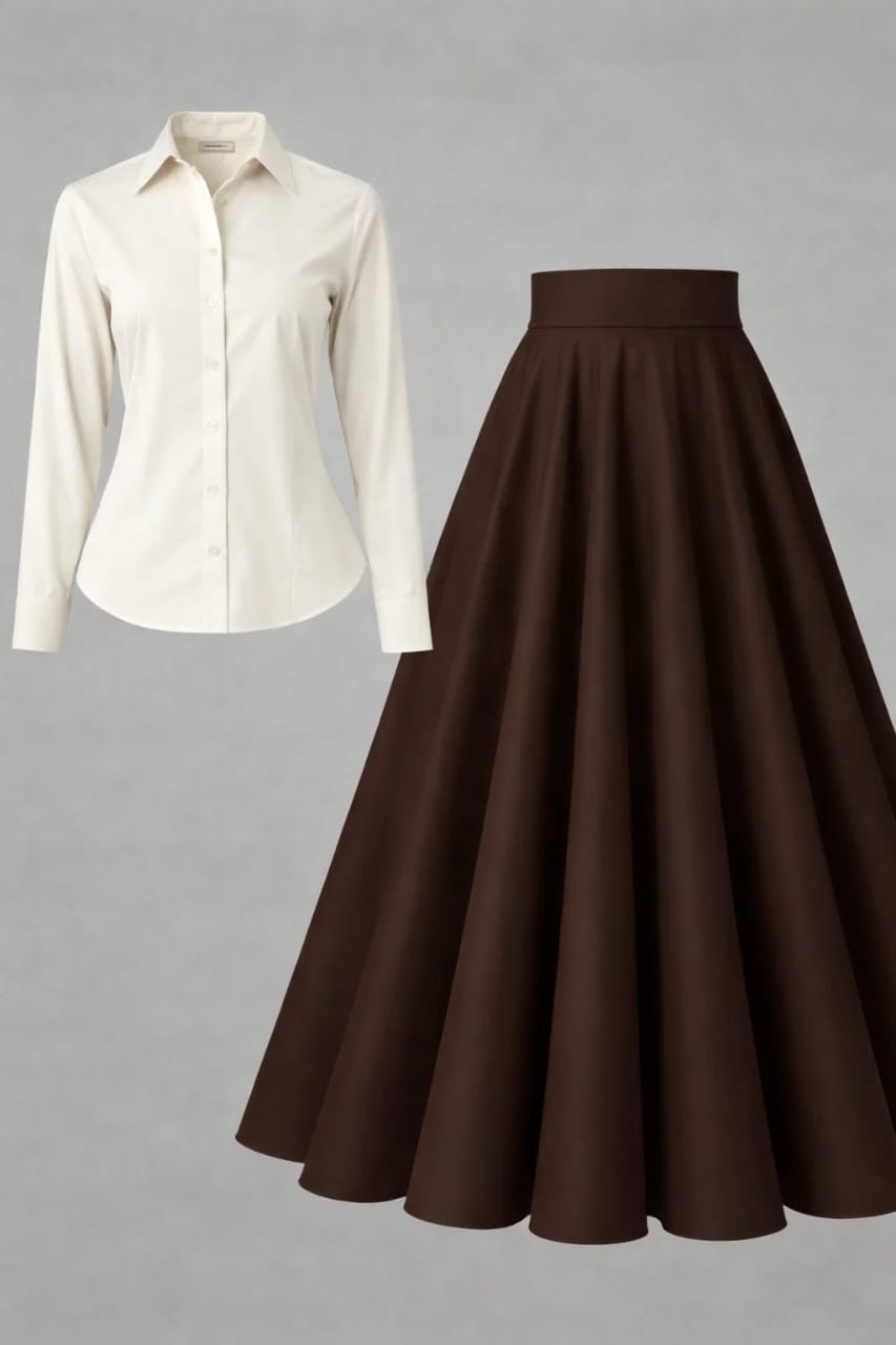 Button-Down Shirt & Pleated Maxi Skirt Set – Off-White & Dark Brown