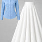 Button-Down Shirt & Flared Maxi Skirt Set – Light Blue & White