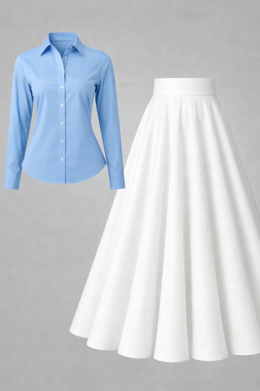 Button-Down Shirt & Flared Maxi Skirt Set – Light Blue & White