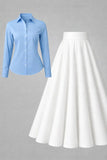 Button-Down Shirt & Flared Maxi Skirt Set – Light Blue & White
