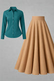 Button-Down Shirt & Pleated Maxi Skirt Set – Teal Green & Camel