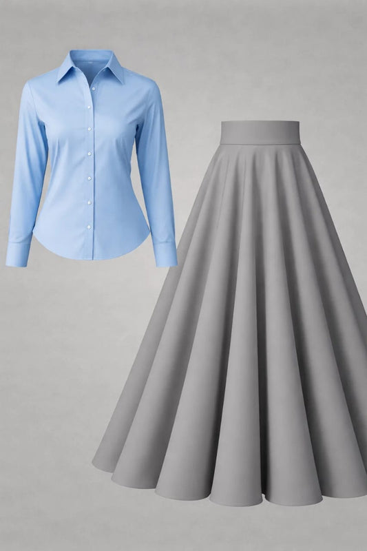 Button-Down Shirt & Pleated Maxi Skirt Set – Sky Blue & Grey