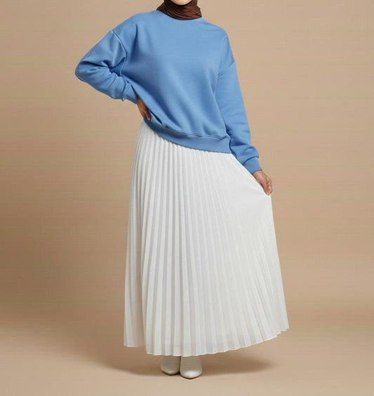 Sky Blue Sweatshirt with White Pleated Maxi Skirt – Fresh Modest Co-Ord Set
