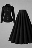 Black button-down & black Pleated Maxi Skirt Set
