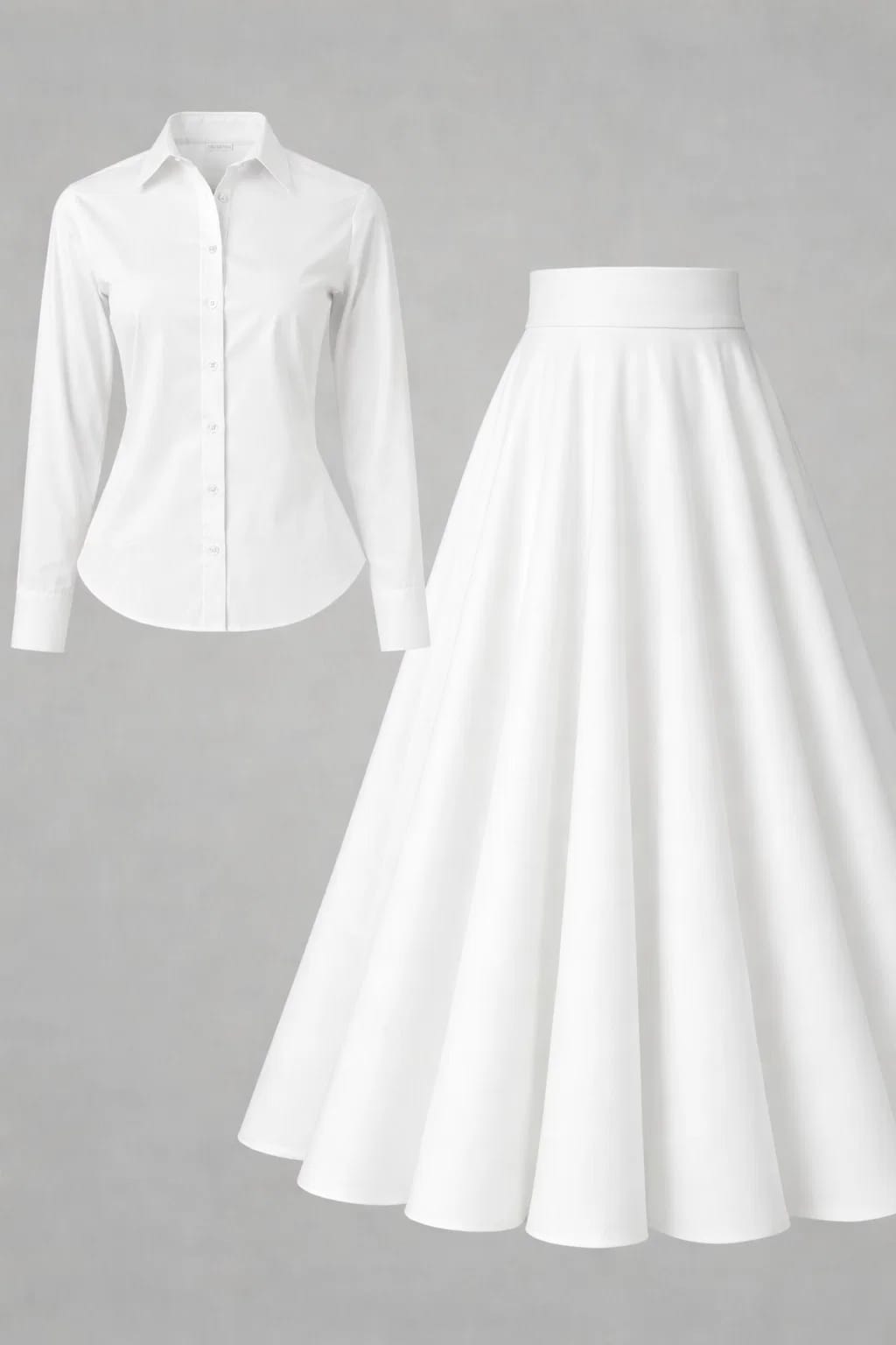 White Button Down Shirt & white Pleated Maxi Skirt Set
