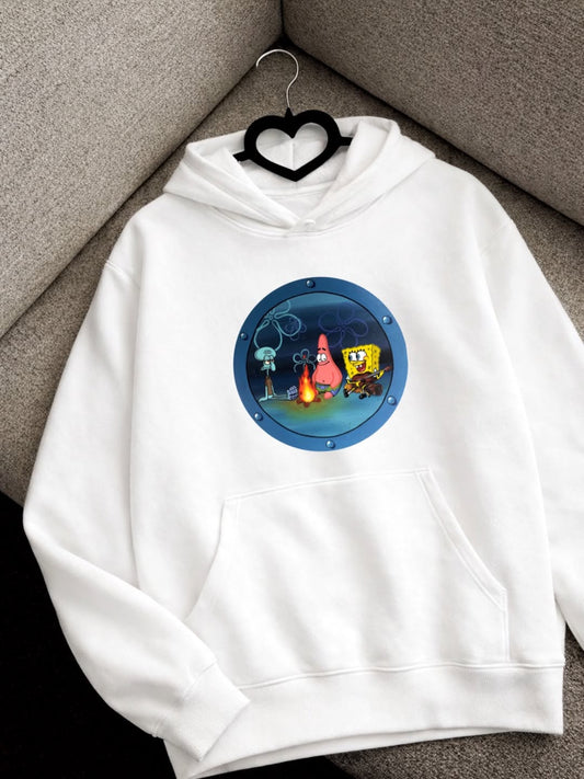 Night City Cartoon Graphic Hoodie – White Oversized Streetwear