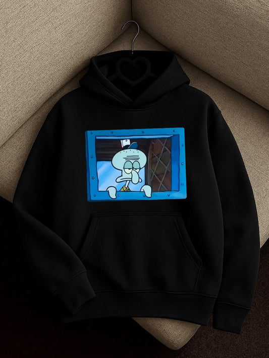 Retro TV Cartoon Print Hoodie – Black Casual Street Style