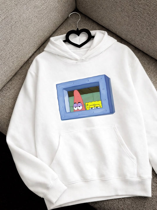 Pastel Cartoon Frame Graphic Hoodie – White Trendy Sweatshirt