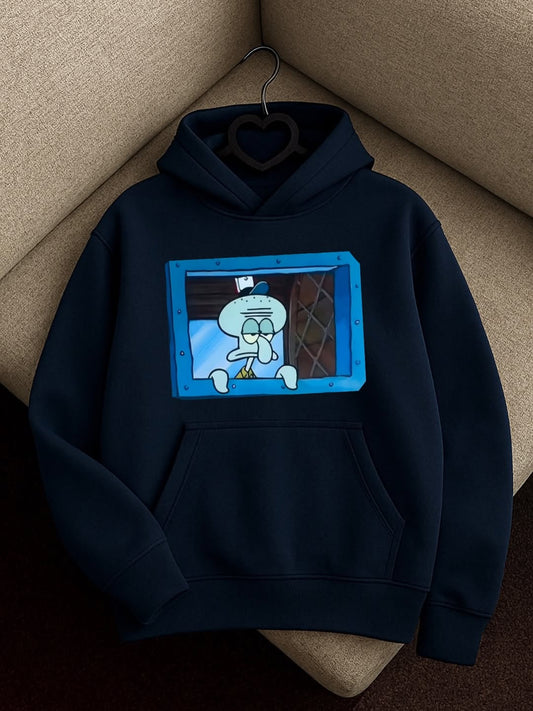 Classic Cartoon TV Print Hoodie – Navy Blue Streetwear