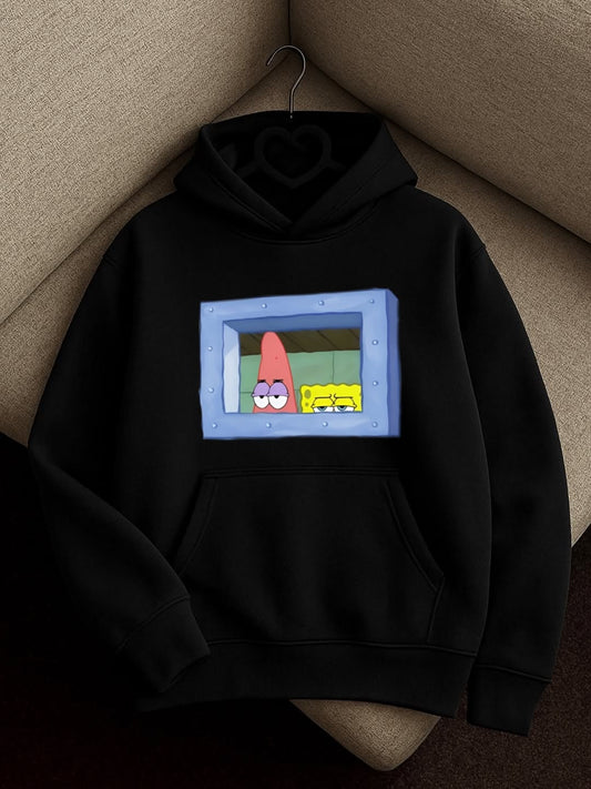 Retro Cartoon Window Print Hoodie – Black Oversized Hoodie