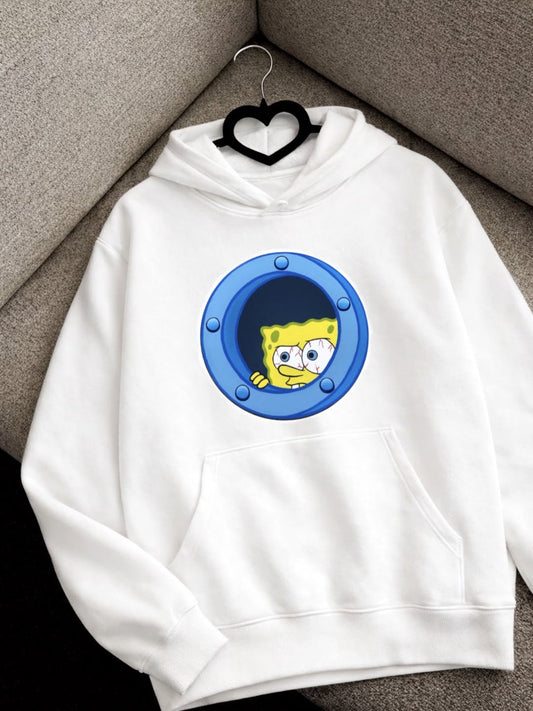 Cute Character Round Graphic Hoodie – White Casual Wear