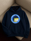 Cute Cartoon Face Graphic Hoodie – Navy Blue Casual Streetwear
