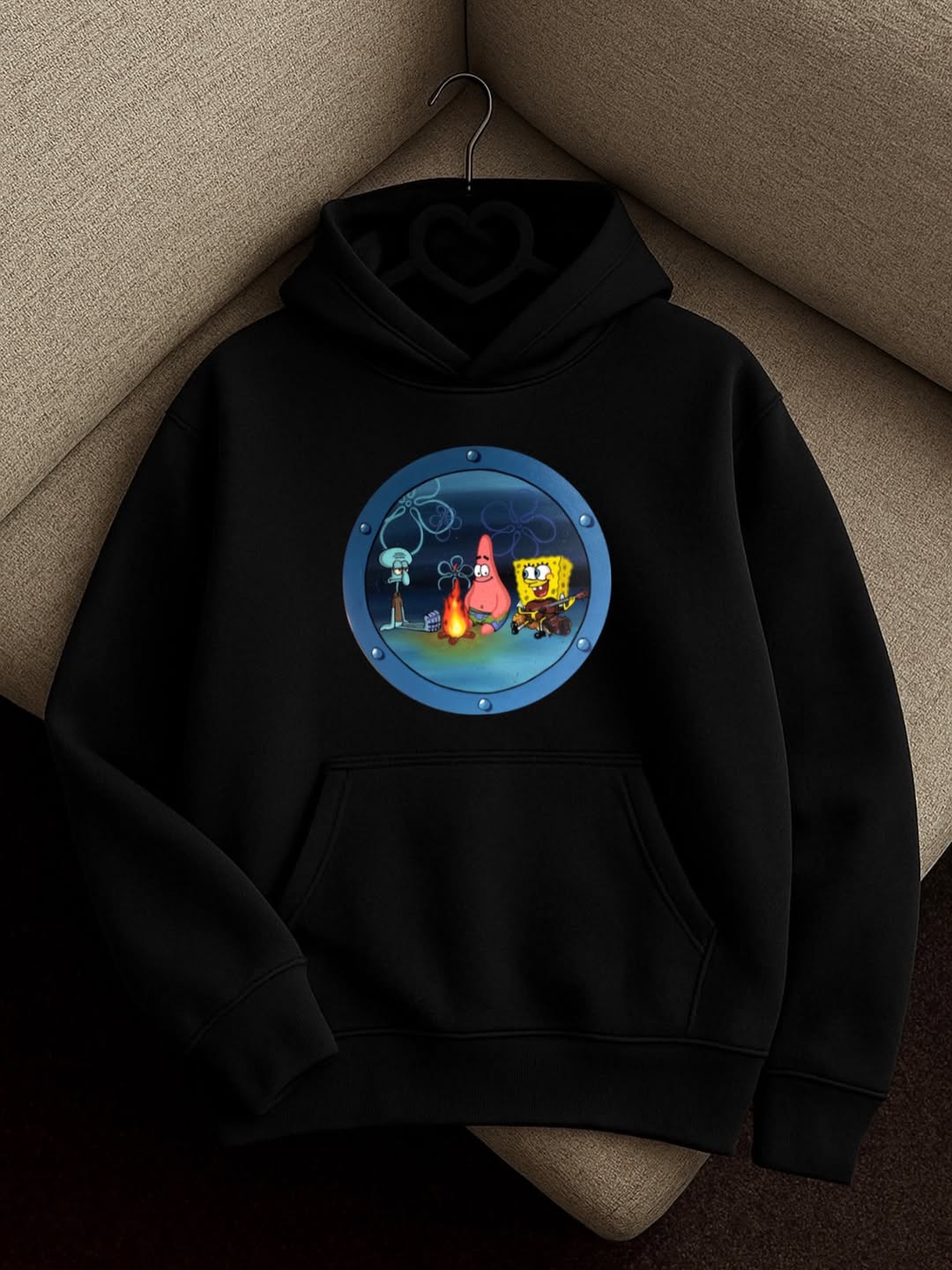 Night Camp Cartoon Graphic Hoodie – Black Oversized Hoodie