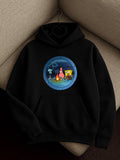 Night Camp Cartoon Graphic Hoodie – Black Oversized Hoodie