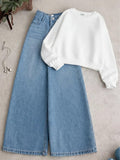 White Sweatshirt with Blue Wide-Leg Jeans – Clean Casual Two-Piece Set