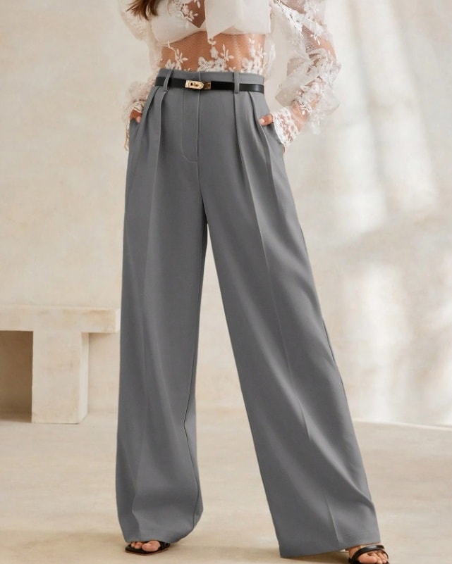 Grey High-Waist Wide-Leg Pants – Classic Business Wear