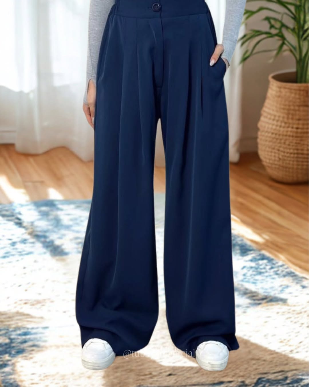 Navy Blue Wide-Leg Formal Pants – Smart Tailored Fit